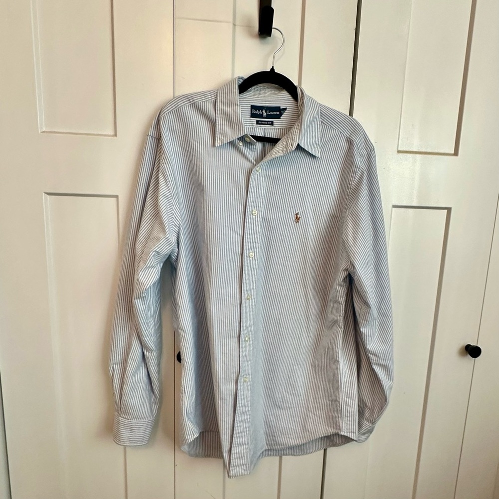 Ralph Lauren Men's Light Blue and White Striped Button-Down Shirt